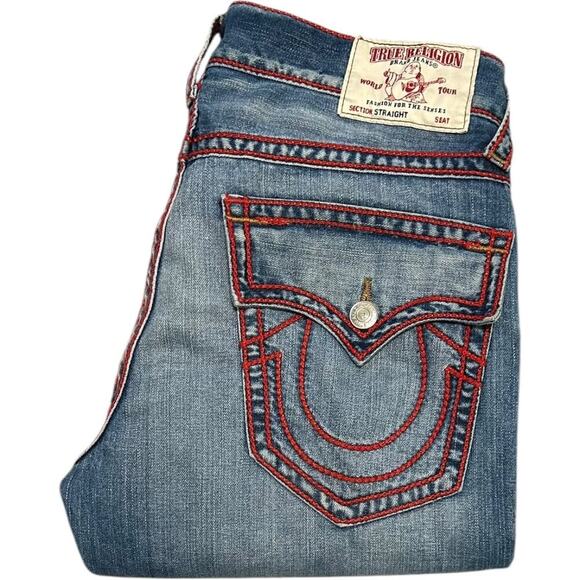 True Religion Red Chainstitch Ricky Straight Jeans - Picture 1 of 8